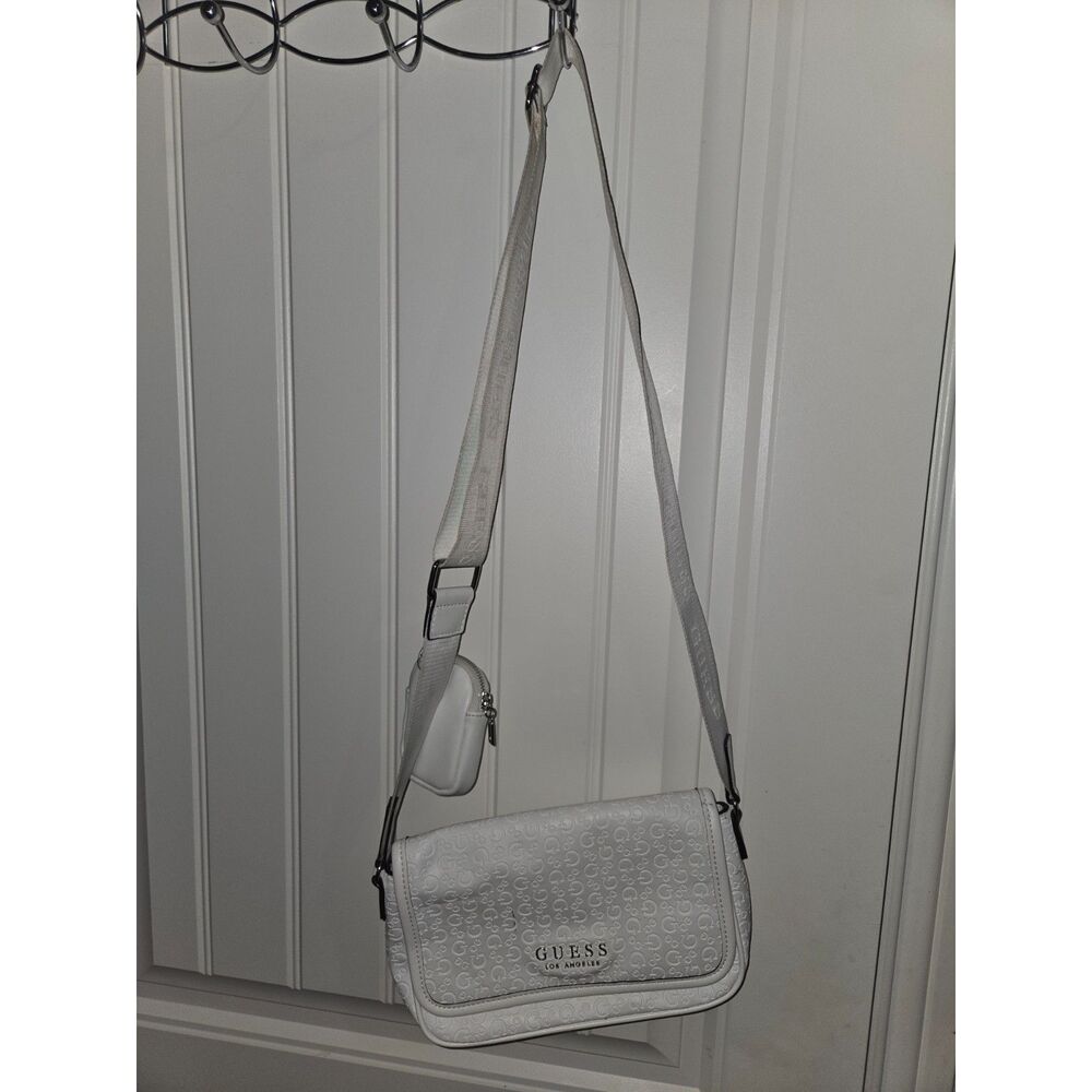 GUESS White Embossed Logo Crossbody Bag w/ Mini Pouch Adjustable Strap Purse